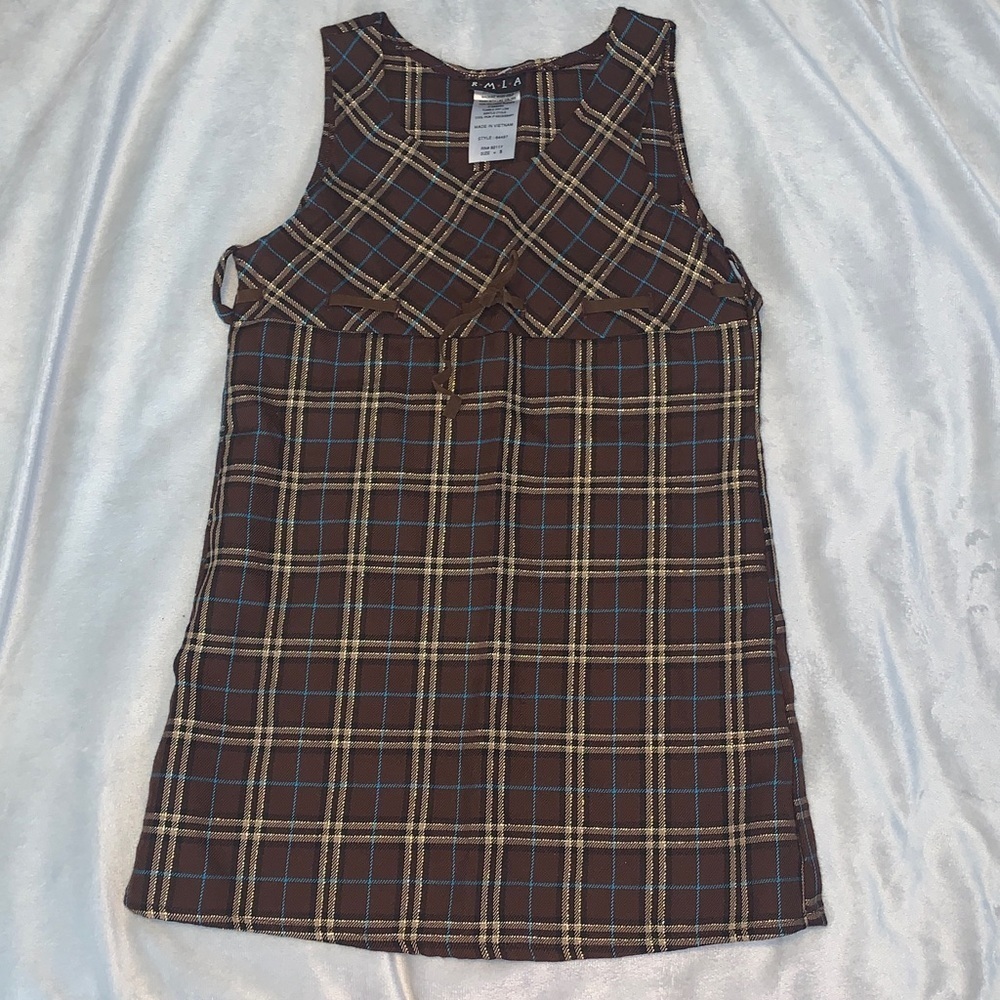 RMLA Brown tan blue Plaid tartan Y2K shift Dress jumper size 5